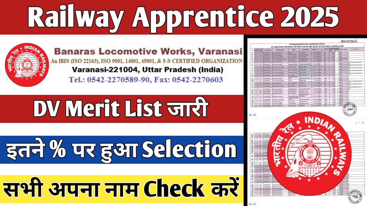 Railway BLW Apprentice 2025 DV Merit List, BLW Varanasi Apprentice Merit List & Cut OFF 2025 Out 