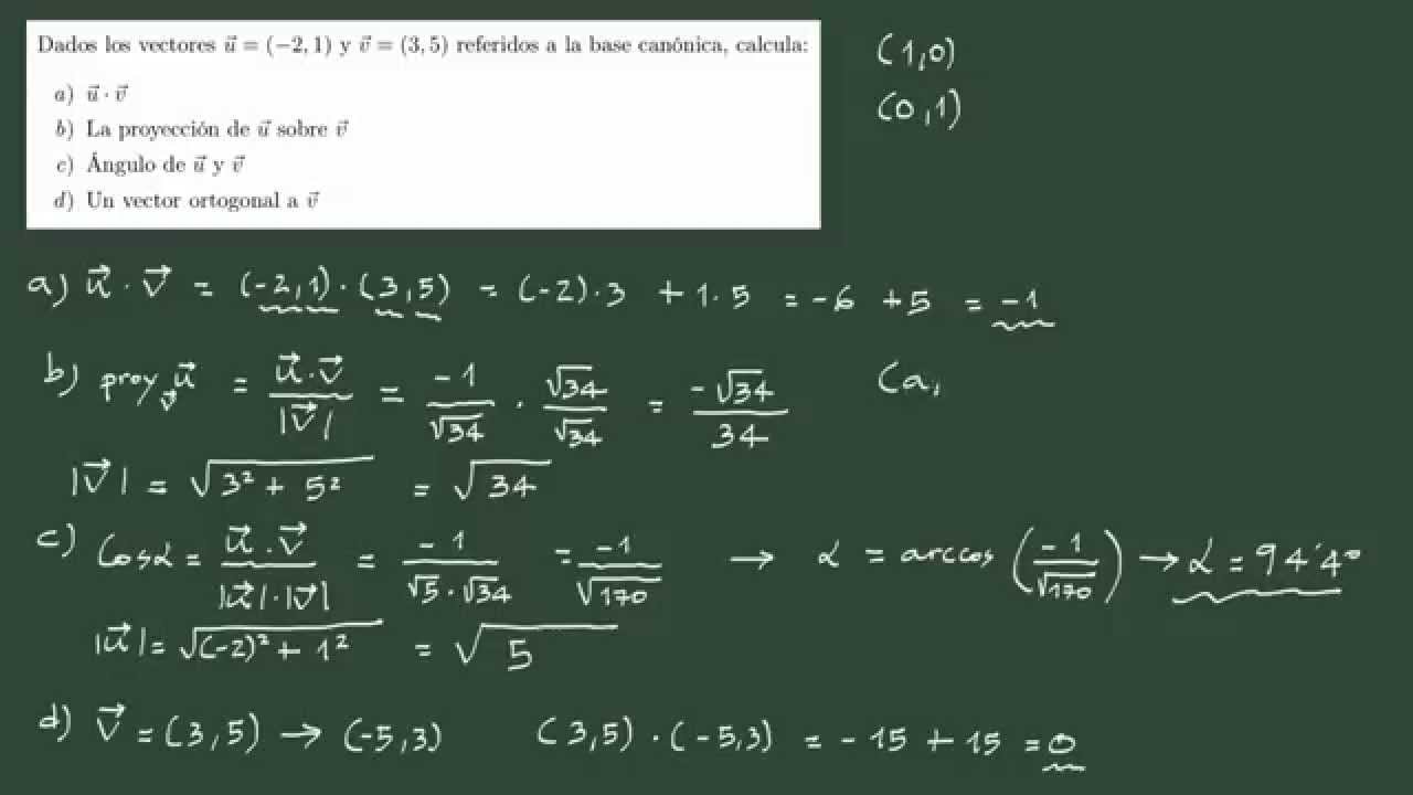 4. Ejercicio 4 vectores (2D): producto escalar, proyección, ángulo, vector ortogonal.