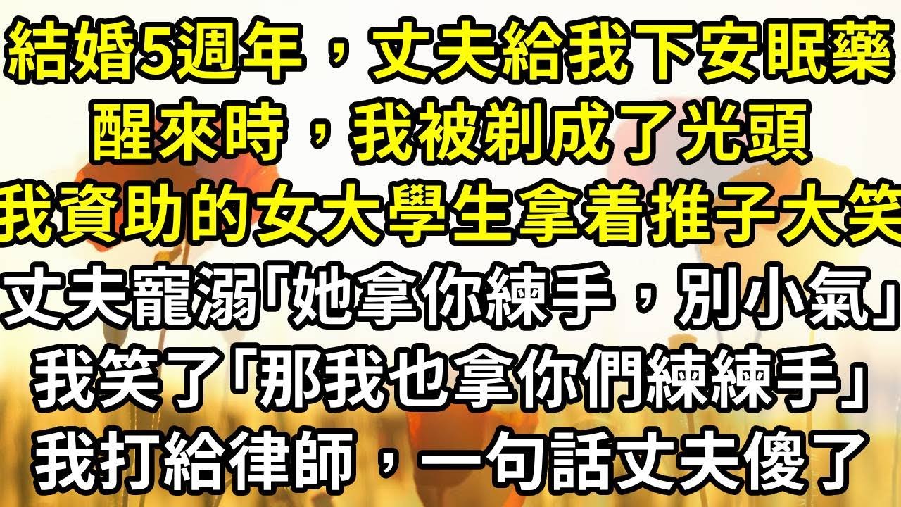 結婚五週年，丈夫給我下了安眠藥，醒來時我被剃成光頭，畫着隻王八，我資助的女大學生拿着推子大笑，丈夫寵溺｢小薑拿你練練手，別小氣｣，我笑了｢那我也拿你們練練手｣，下一秒我打給律師，一句話丈夫傻了...