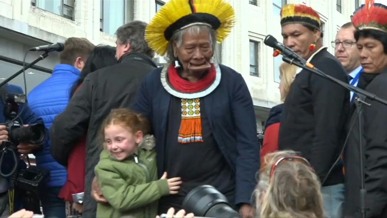 Brazil indigenous chief Raoni joins climate protest in Brussels