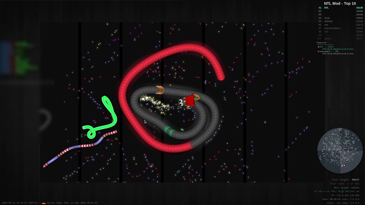 Slither.io world record: proper 100K in 14 minutes (200+ k/hh)