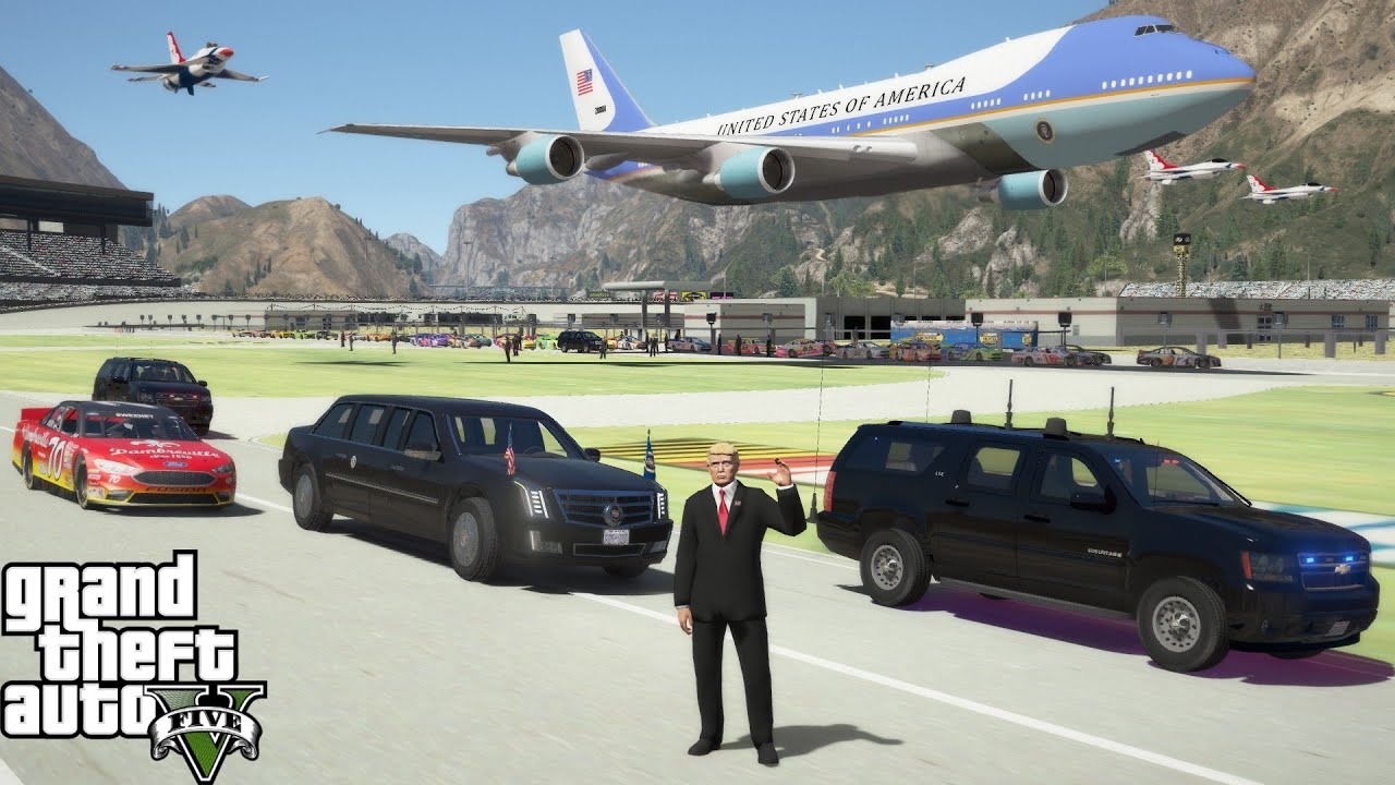 GTA 5 Taking President Trump To The NASCAR Daytona 500 - Air Force One Flyover & Beast Limo Pace Car
