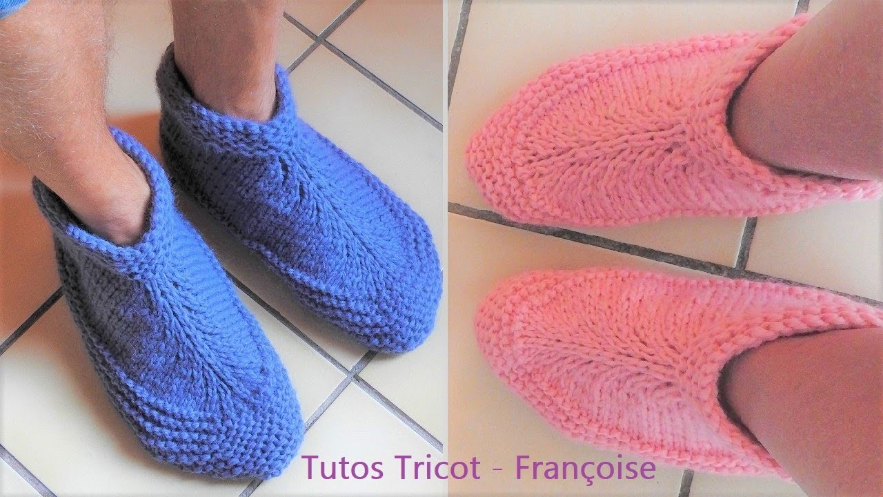 Tuto Tricot chaussons Adulte 38-40 / 42-44 / 46-48 facile &agrave; tricoter en 1 pi&egrave;ce / DIY Tuto Chaussons