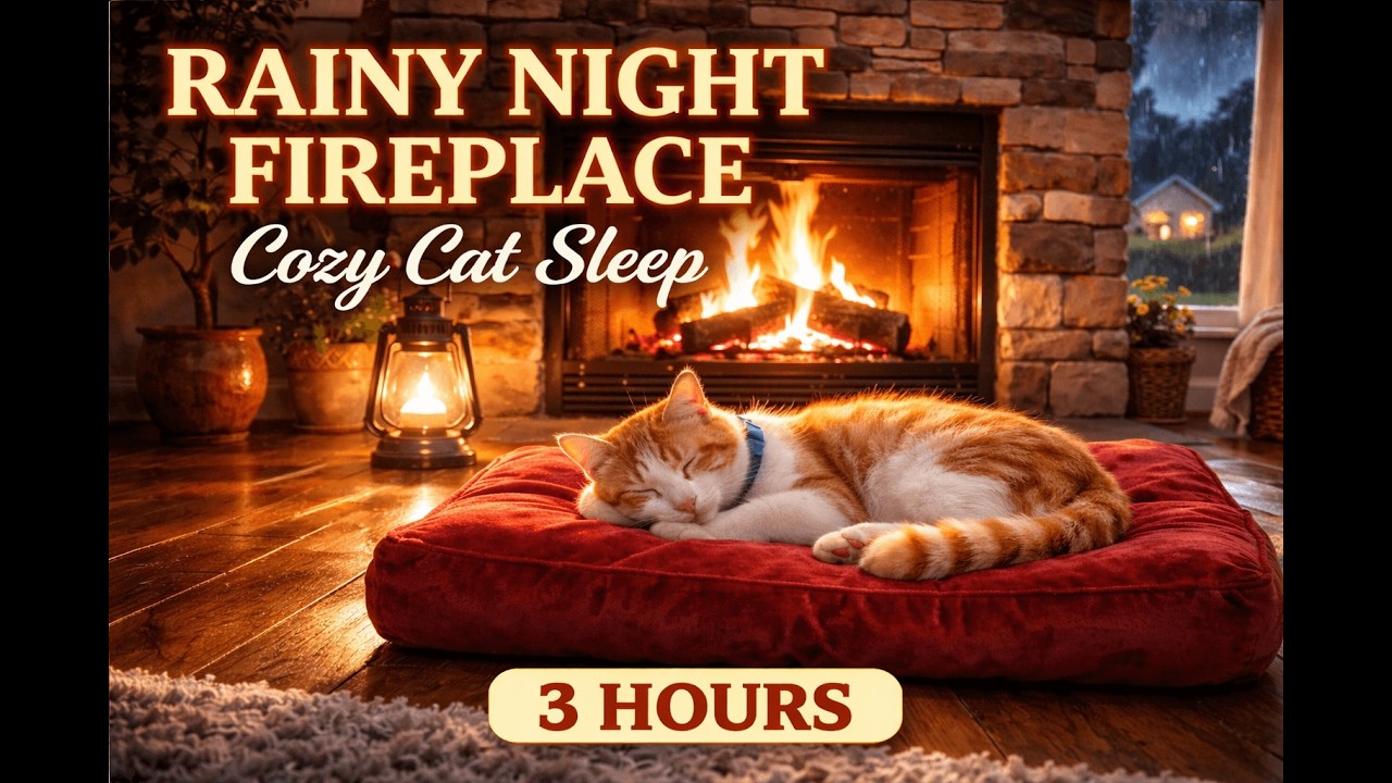Rainy Night Fireplace with Sleeping Cat