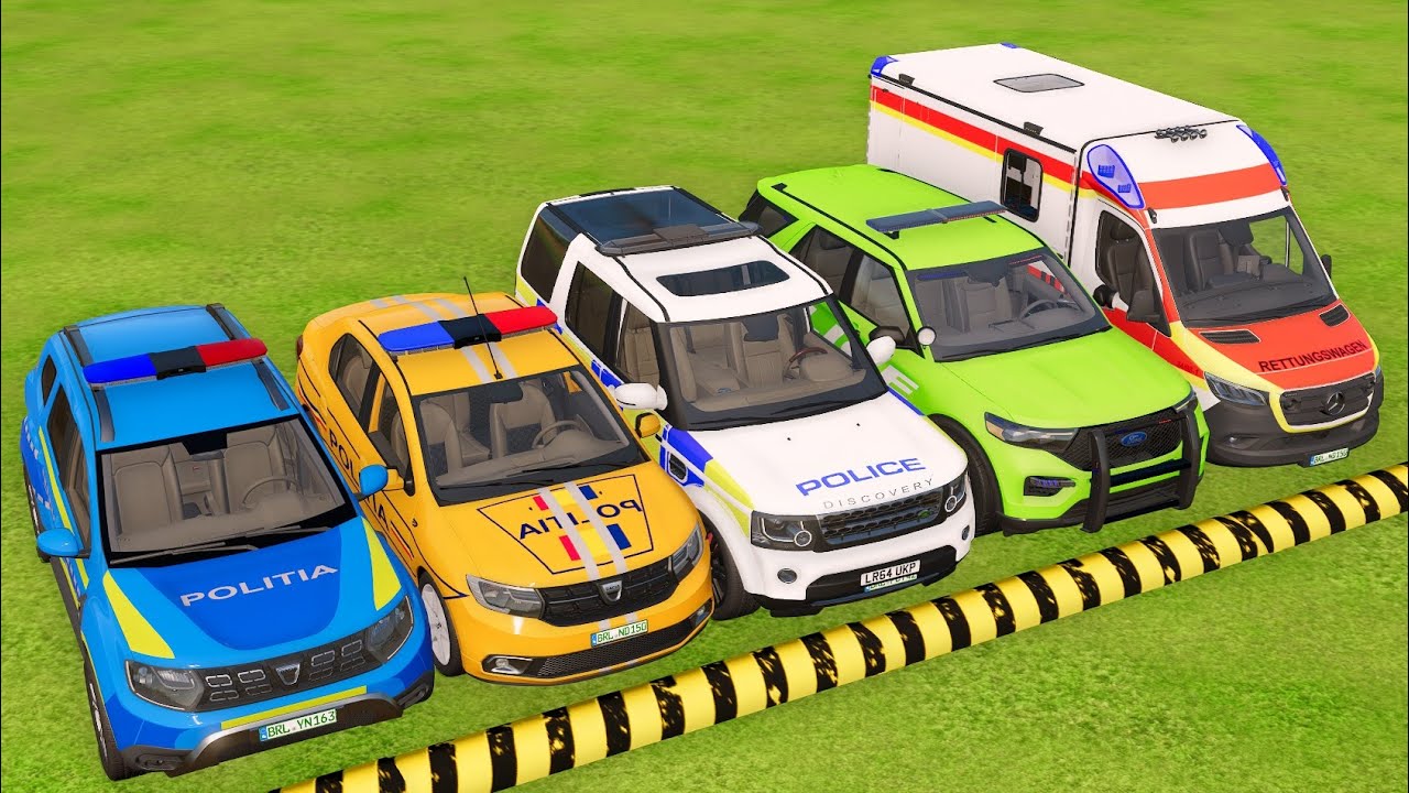ALL COLORS OF CARS POLICE  - TRANSPORTING AND CHANGING COLORS OF POLICE CARS WITH BIG TRUCKS #1