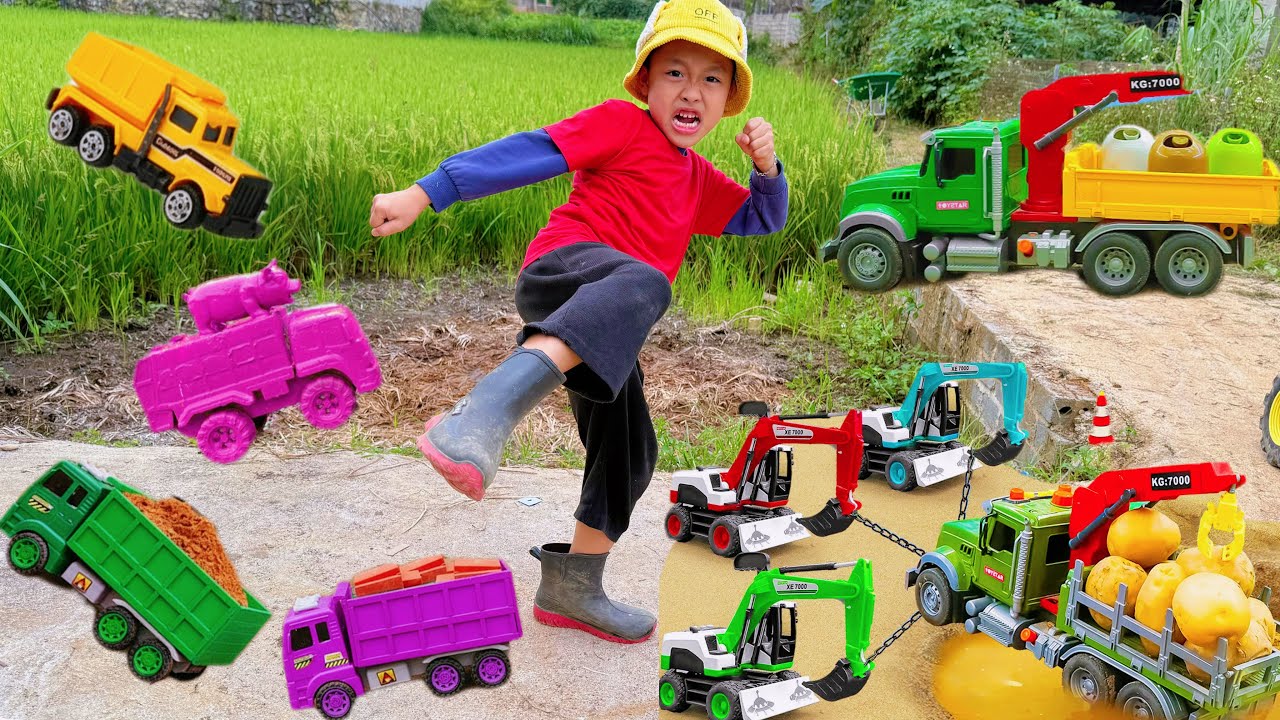 Em tu bi tổng hợp video máy xúc múc cát nghiền, xe tải chở và đổ cát làm đường công viên