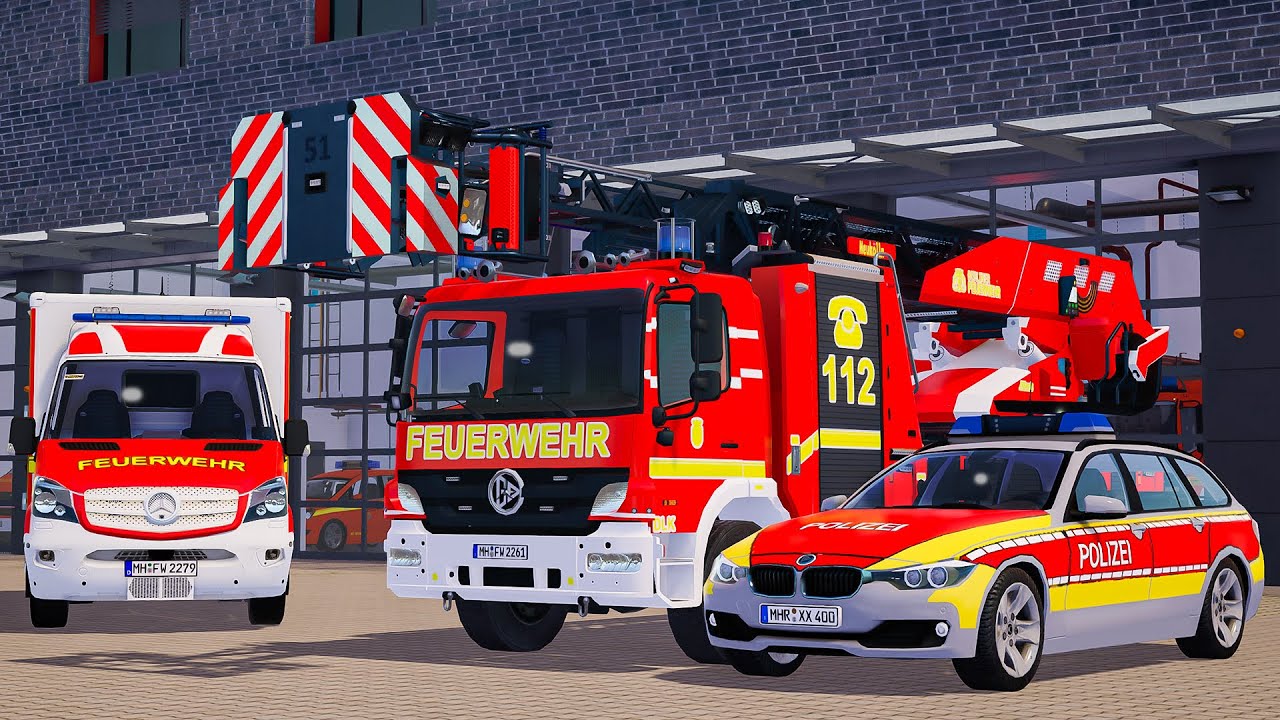 Red Emergency Call 112 - German Polizei, Ambulance and Fire Brigade Truck on Duty! 4K