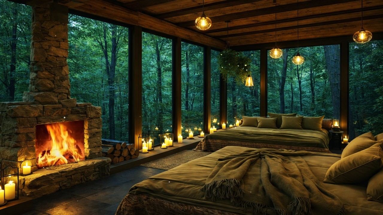 Cozy Spring Cabin Rain 🌧 Warm Fireplace & Soothing Woodland Sounds
