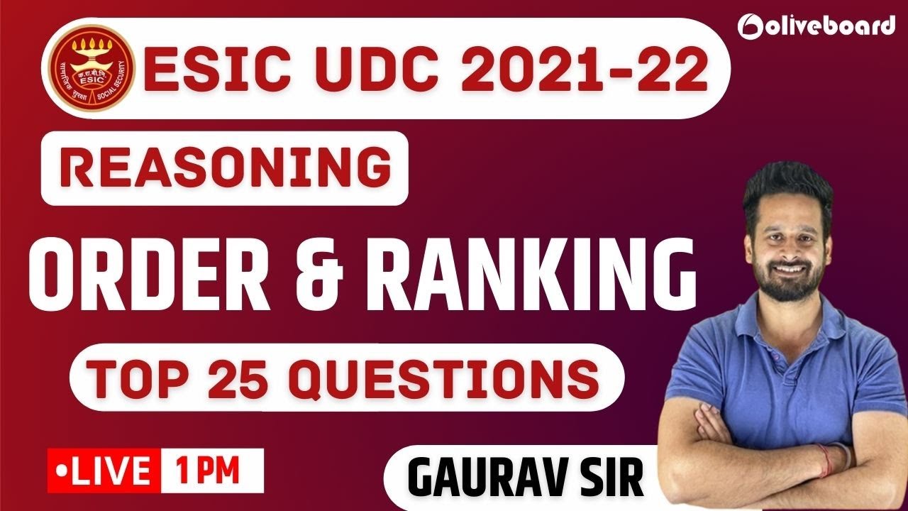 ESIC UDC Reasoning 2022 | Order & Ranking | Top 25 Questions | Gaurav Sir