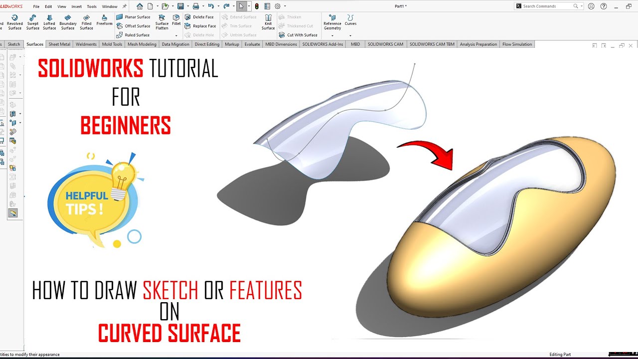 ✅ Как добавить эскиз или элемент на криволинейные поверхности Solidworks