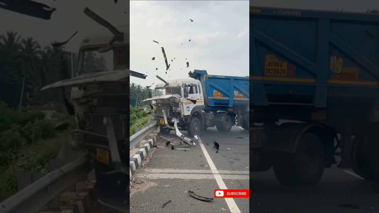 Dumper Brake Failure Highway Railing Crash #Shorts#Dumper #BrakeFail #Accident #Safety