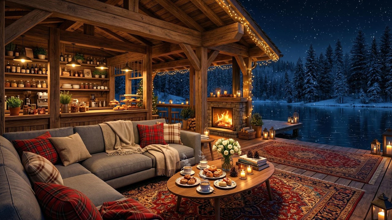 Cozy Night Café Ambience ❄️ Jazz Music & Fireplace for Focus