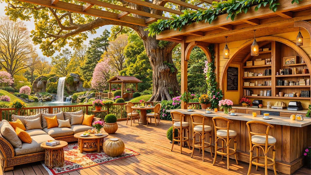 Relaxing Instrumental Jazz 🌸 Beautiful Cafe Setting by a Spring Garden for Studying & Working #jazz