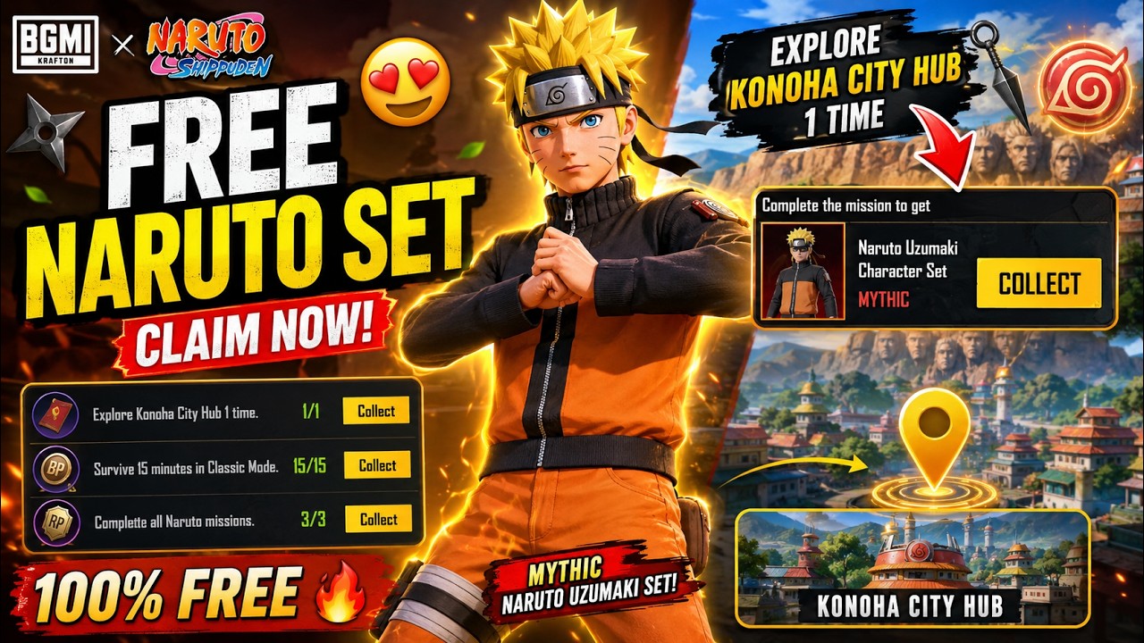 😍 Claim FREE Naruto Mythic Set in BGMI | Explore Konoha City Hub 1 Time | Free Set Event