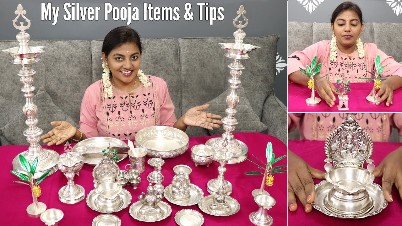 My Silver Pooja Items Collection & Tips |  Karthikha Channel Silver Collections 
