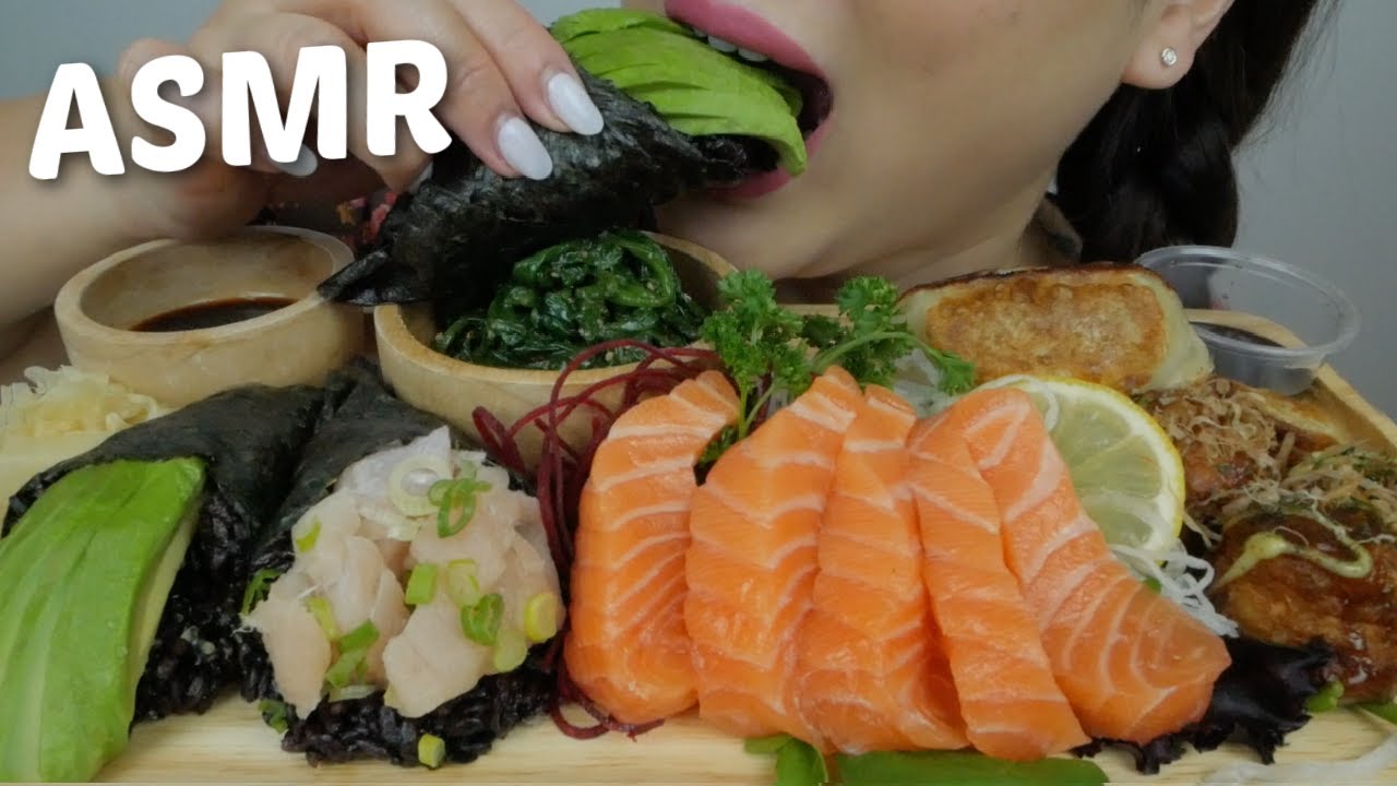 ASMR SUSHI *Black Rice Tuna & Avocado Cone, Salmon Sashimi, Gyoza and Takoyaki Relaxing Eating Sound