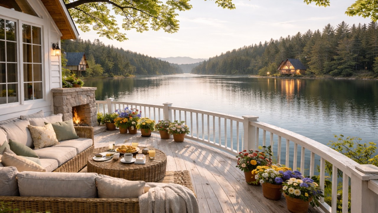 Peaceful Lakeside Morning Deck ☀️ Coffee, Birds & Gentle Water Sounds