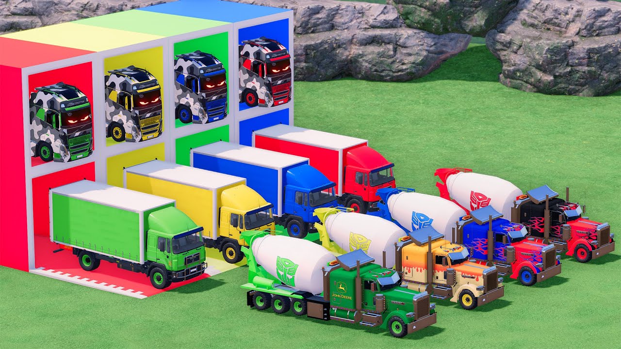 Trucks With COLORS - PETERBILT MIXER TRUCK and MAN BOX TRUCK with VOLVO FLATBED TRAILER TRUCK