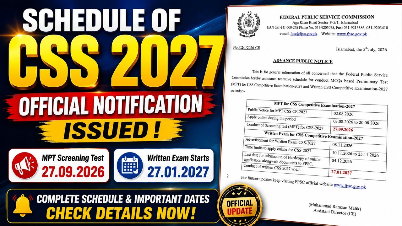 CSS 2027 Official Schedule Released | FPSC CSS 2027 Notification | MPT & Written Exam Dates