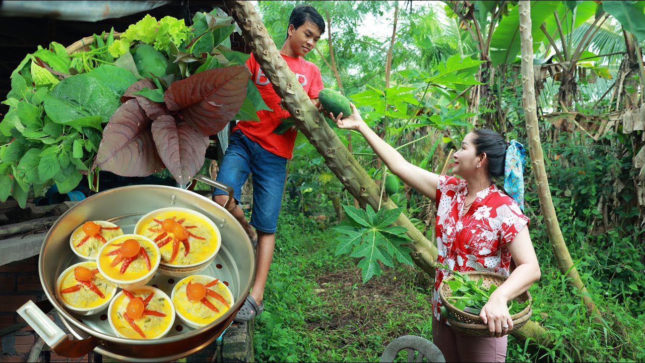 Collect potatoes leaves, edible amaranth, okra for steaming recipe | Just vegetable around is enough