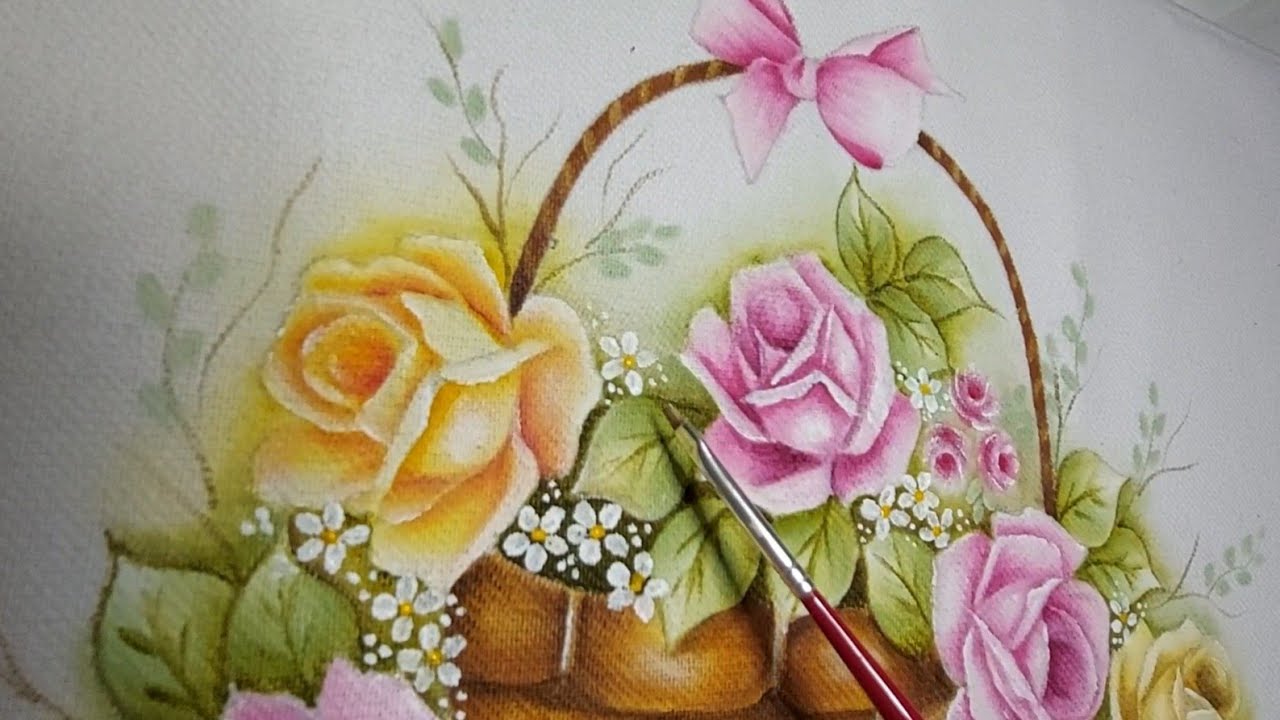 Como pintar cesta com Rosas.