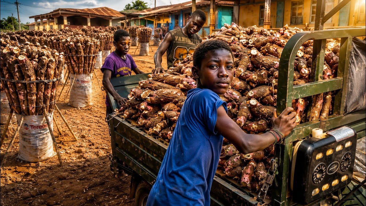 Cassava Trading In A Ghanaian Village 🇬🇭 : OFFLOADING THE TRICYCLE: