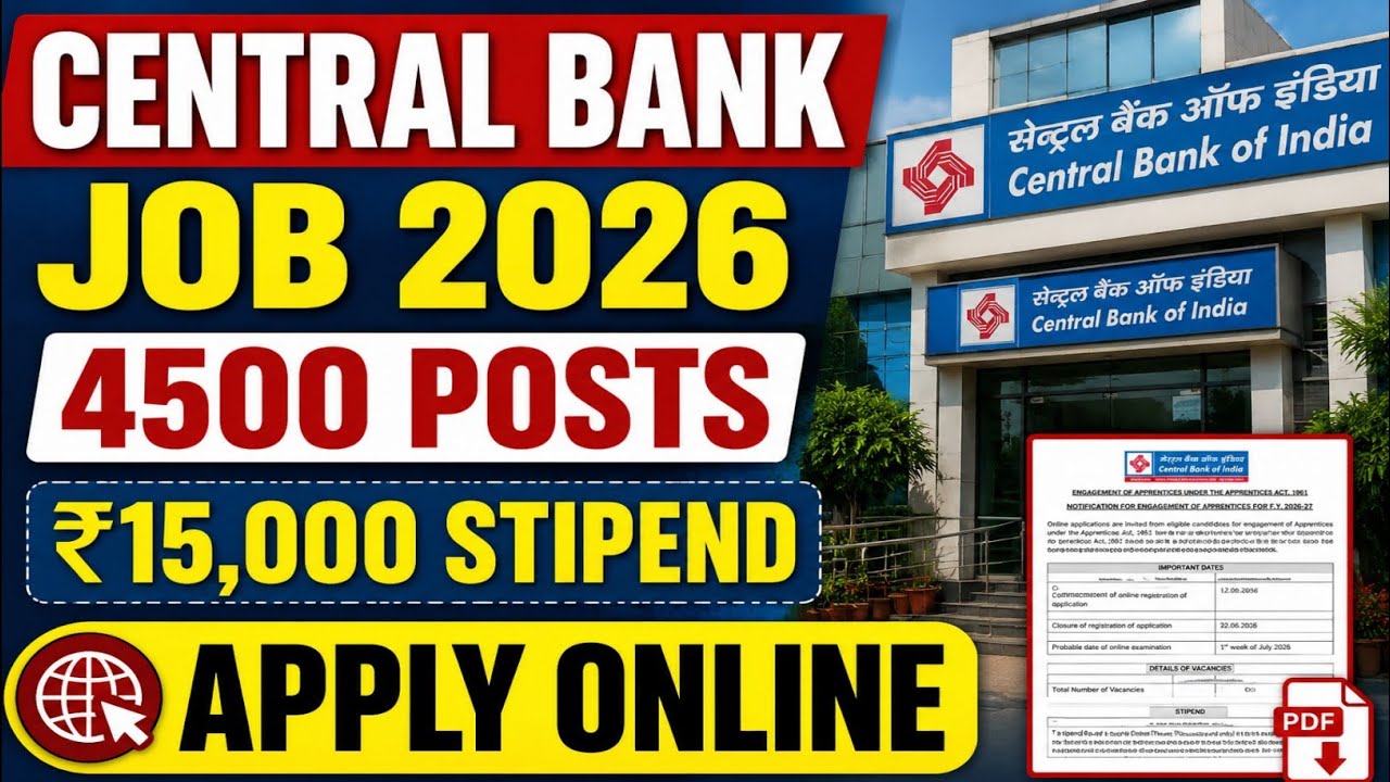 Central Bank of India Apprentice Recruitment 2026 | 4500 Posts | ₹15,000 Stipend | Apply Online