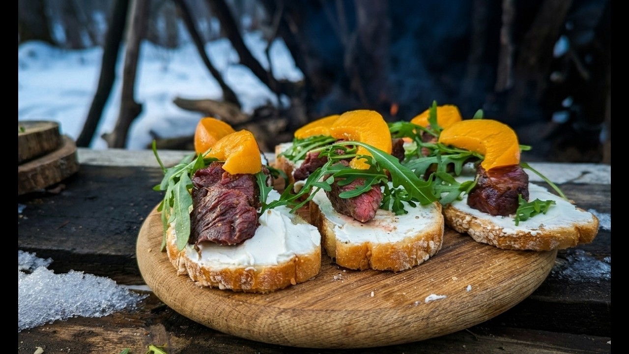 Winter Bushcraft Alone | Steak & Peach Bruschetta Cooked Over an Open Fire