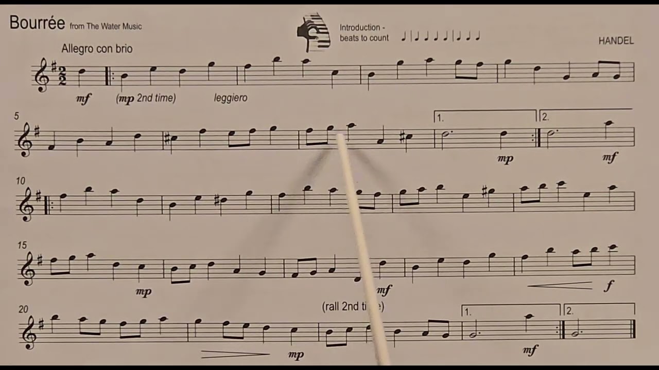 Bourree from The Water Music by Handel piano accompaniment at rehearsal speed