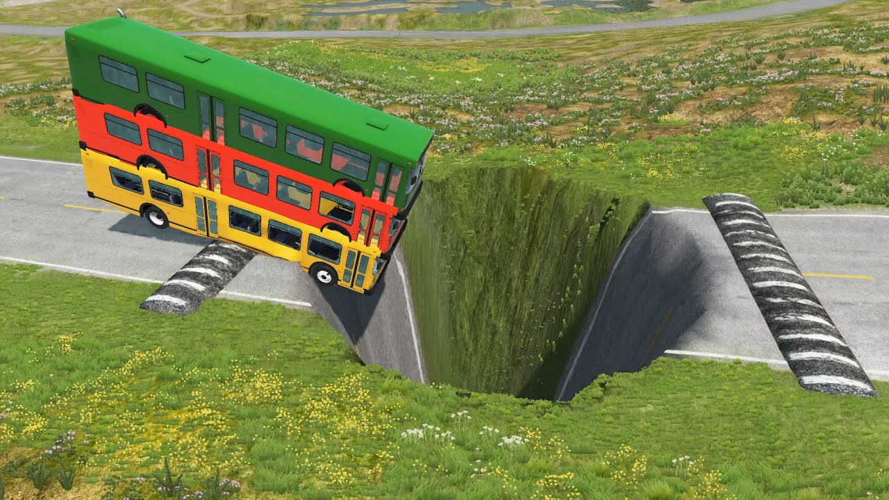 Автобус против гигантской ямы и двойных лежачих полицейских - BeamNG Drive
