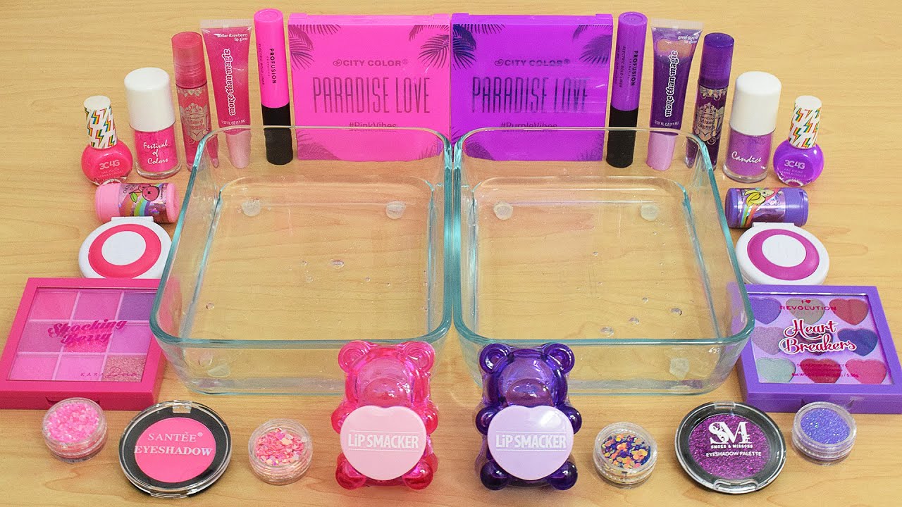 Neon Pink vs Purple - Mixing Makeup Eyeshadow Into Slime ASMR  Same Same Edition