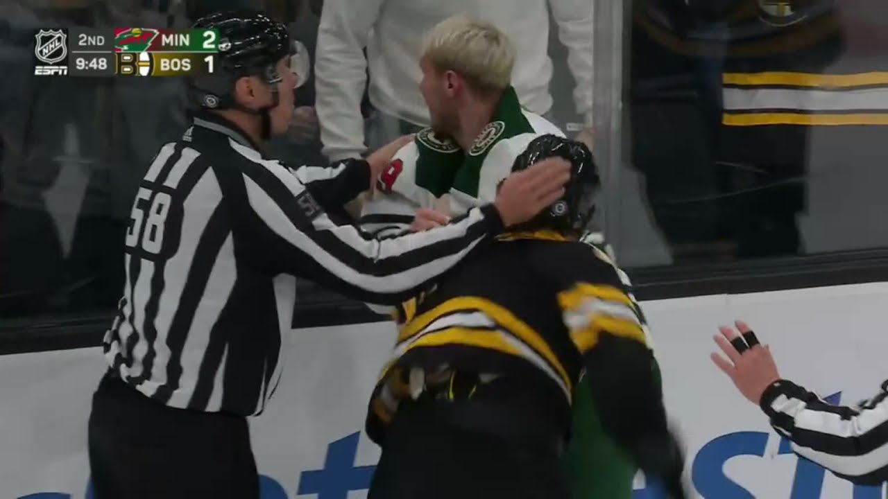 Trent Frederic Drop the Gloves with Dmitry Kulikov after a hit on Kirill Kaprizov