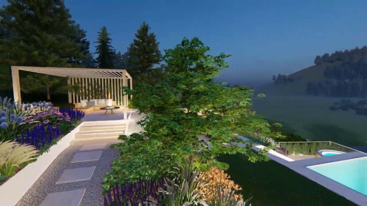 Ein Garten mit Infinitypool am Hang mit Beleuchtung