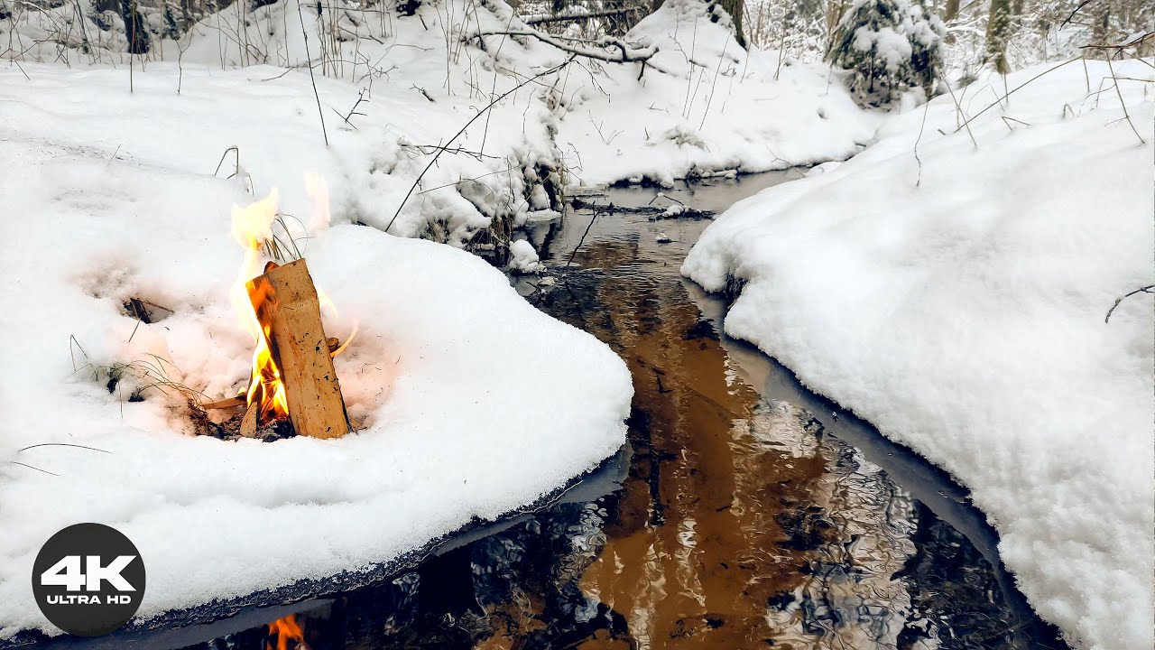 ❄️ 4K Snowy Campfire by a Creek | 3 Hours of Soft Fire & Snow Hissing (No AI)