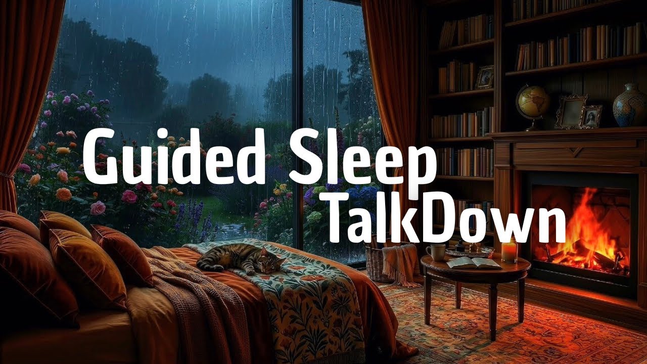 Guided Sleep Meditation for Anxiety Relief | Heavy Rain & Fireplace in a Cozy Cabin