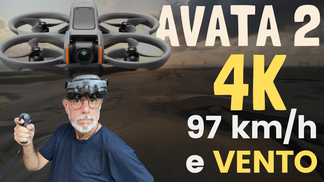 Incrível drone DJI AVATA 2 FPV contra vento de praia e câmera 4k
