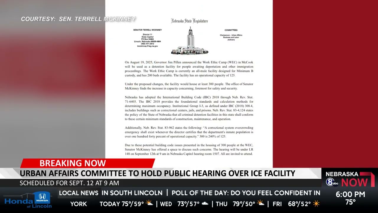 Nebraska Legislature committee to hold hearing on planned McCook ICE facility