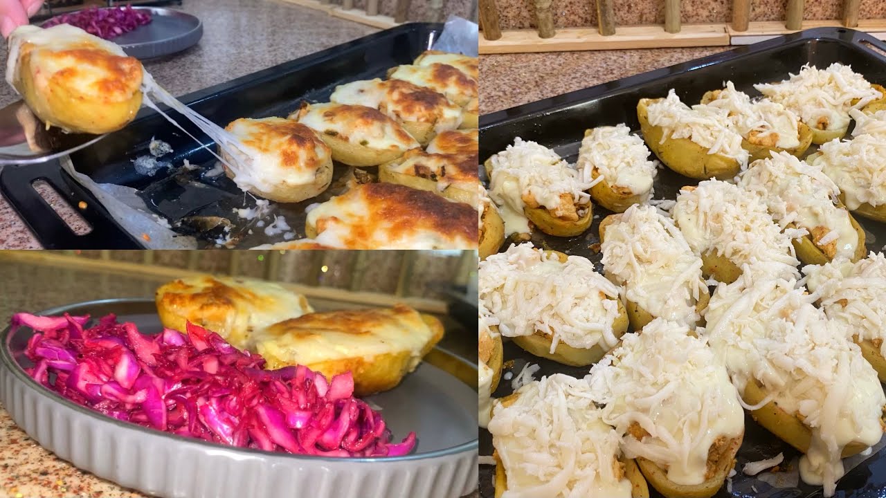 قوارب البطاطس بحشوة الدجاج الشهية بالبشاميل في الفرن قوارب البطاطا بصدور الجاج