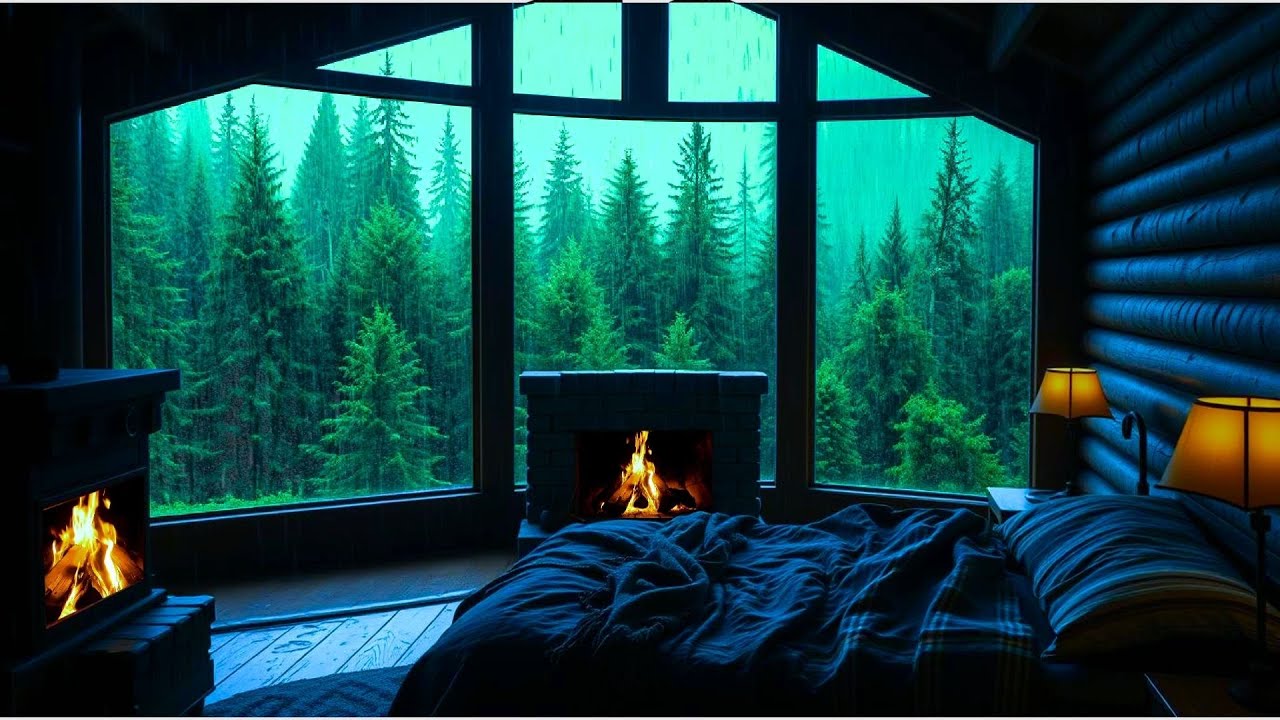 🔥Cozy Fireplace Crackling | Rainy Cabin Views | Rain Ambience
