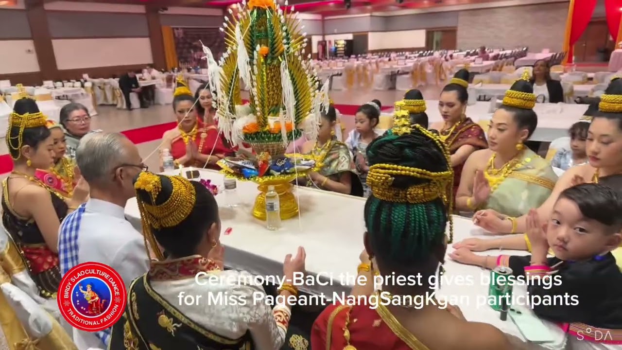 Ceremony Baci the priest give Blessings for Miss-pageant NangSangkhan participants.