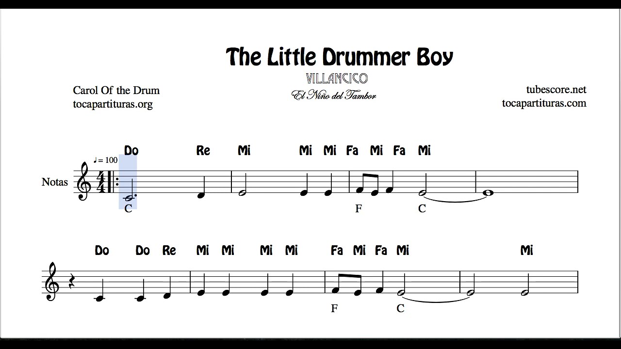 El Tamborilero Partitura con Notas en letra Flauta Violín Oboe    Villancico Popular
