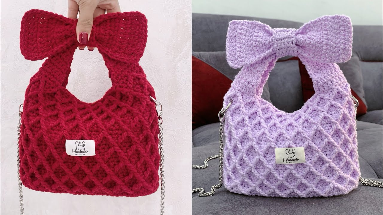 Hướng Dẫn Móc Túi Len Hoạ Tiết Hình Thoi Phối Nơ Tay Cầm ( Sâu Len Crochet 🐛)