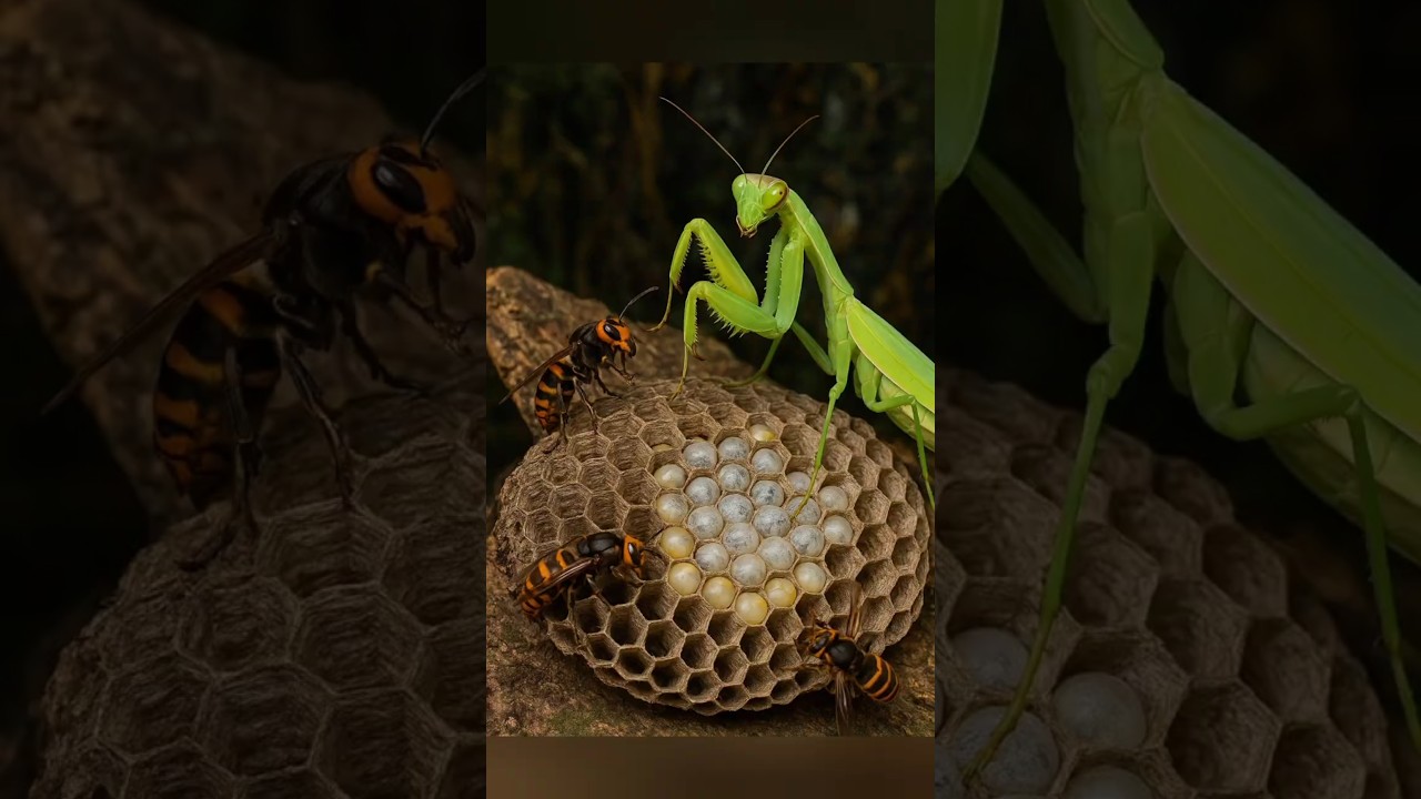 Praying Mantis vs Hornets: Battle Over the Nest