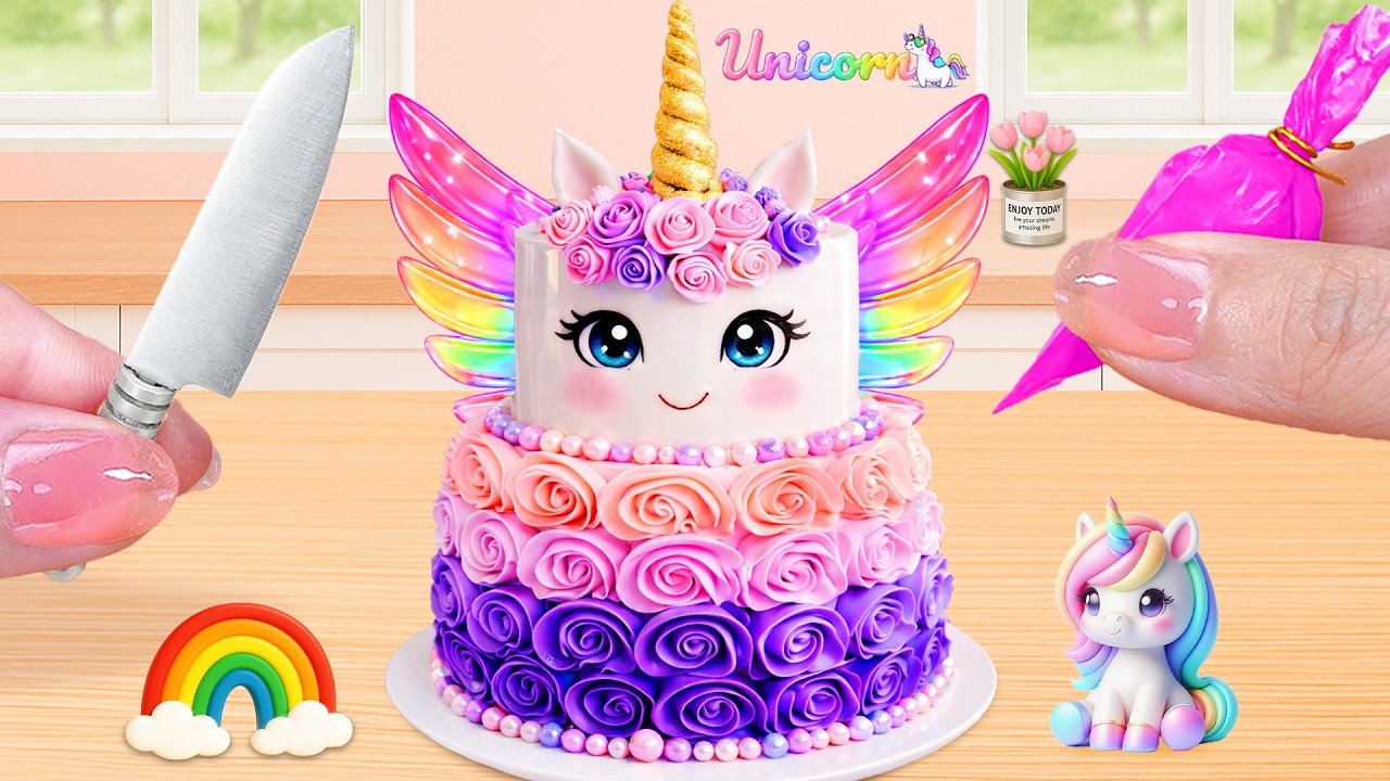 Торт «Единорог» с радужной глазурью 🦄🌈 Увлекательное задание по украшению мини-тортов | Lily Litt...