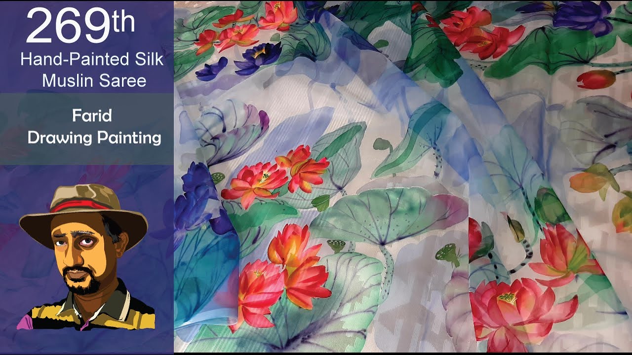 মসলিন শাড়িতে জলরঙের ছোঁয়ায় পদ্ম | Hand Painted Muslin Saree | Lotus Painting on Fabric | Part 269