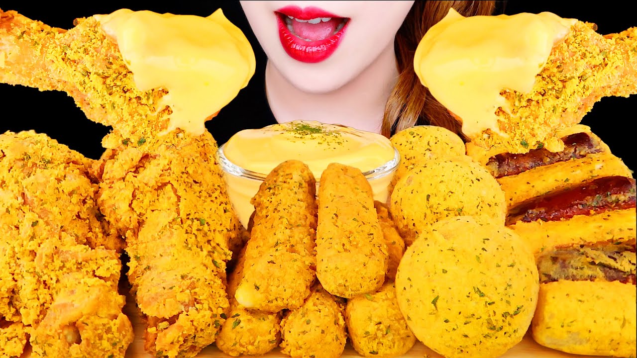 ASMR FRIED CHICKEN, CHEESE BALL, CHEESE STICK, SAUSAGE RICE CAKE EATING SOUNDS MUKBANG 뿌링클 치킨 먹방 咀嚼音