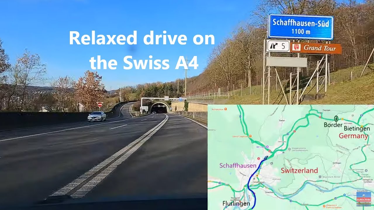 Fahrt über Schaffhausen auf der A4 bis zur Staatsgrenze bei Bietingen 🇨🇭➡️🇩🇪 Gesamtlänge: 18 Km