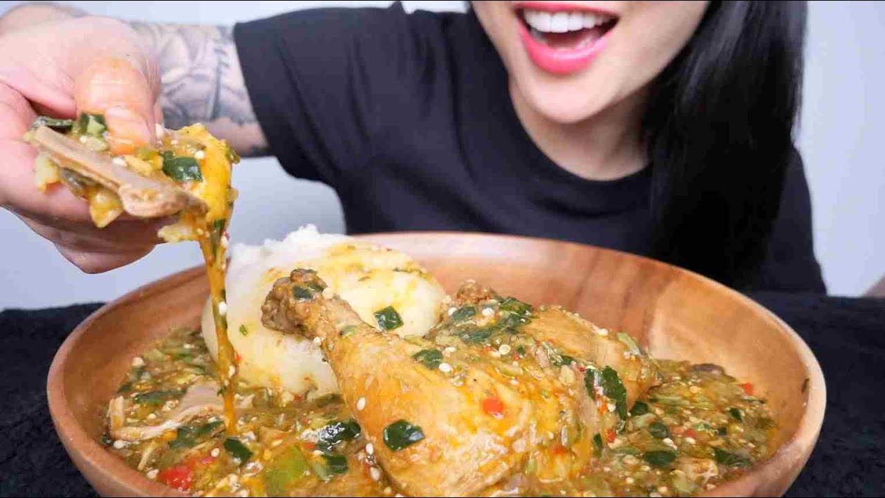 FUFU + CHICKEN OKRA SOUP (ASMR EATING SOUNDS) LIGHT WHISPERS | SAS-ASMR