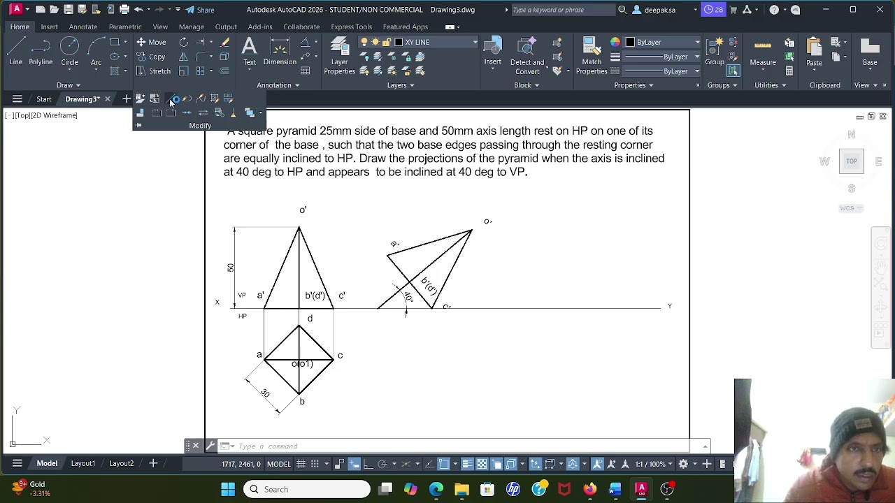 Projections of Solids using Autocad- Square Pyramid