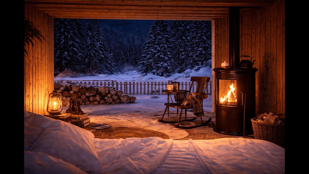Cozy Winter Cabin Night with Fireplace  Snowy Forest Ambience 1 Hour